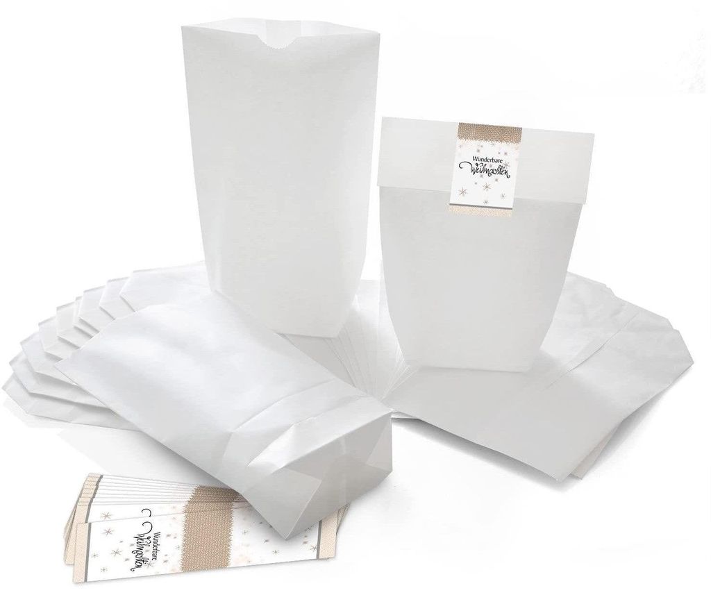 25 weiße Papier-Geschenktüten Weihnachten m. Boden 16,5 x 26 x 6,6 cm aus Kraftpapier + 25 Weihnachts-Aufkleber Sticker WUNDERBARE WEIHNACHTEN be...