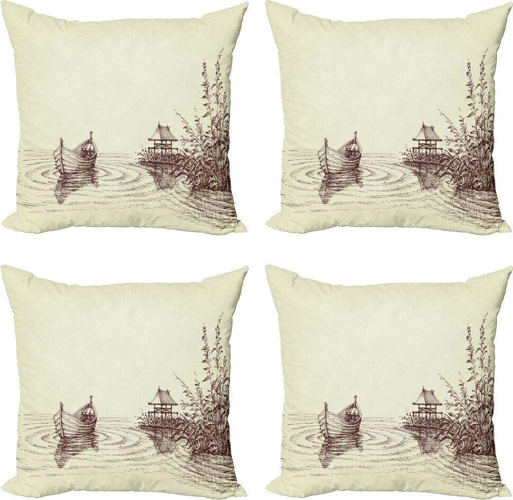ABAKUHAUS Skizzieren Kissenbezug Set (4 Stück), Bleistift gezeichnete See und Boot, Moderner Doppelseitiger Digitaldruck, 60 cm x 60 cm, Creme und...