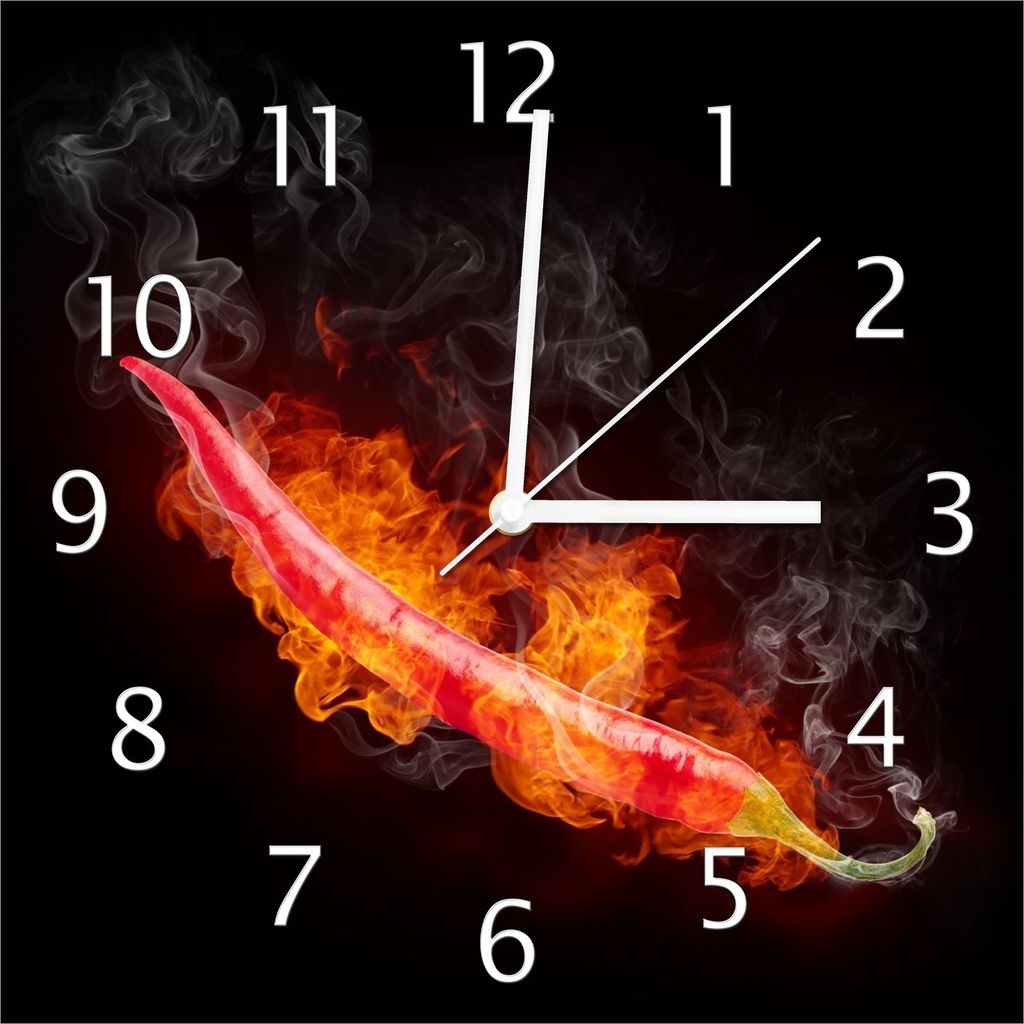 Wallario Design Wanduhr Heiße, brennende Chili-Schote vor schwarzem Hintergrund aus Echtglas, Größe 30 x 30 cm