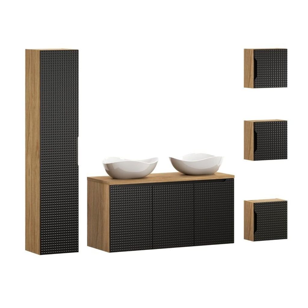 Badmöbel-Set Hochschrank 35 cm Mit 2 Waschbecken & Unterschrank 120cm 3 Hängeschrank Qubik, Luxor Black L BM111 - Schwarz/Geölte Eiche