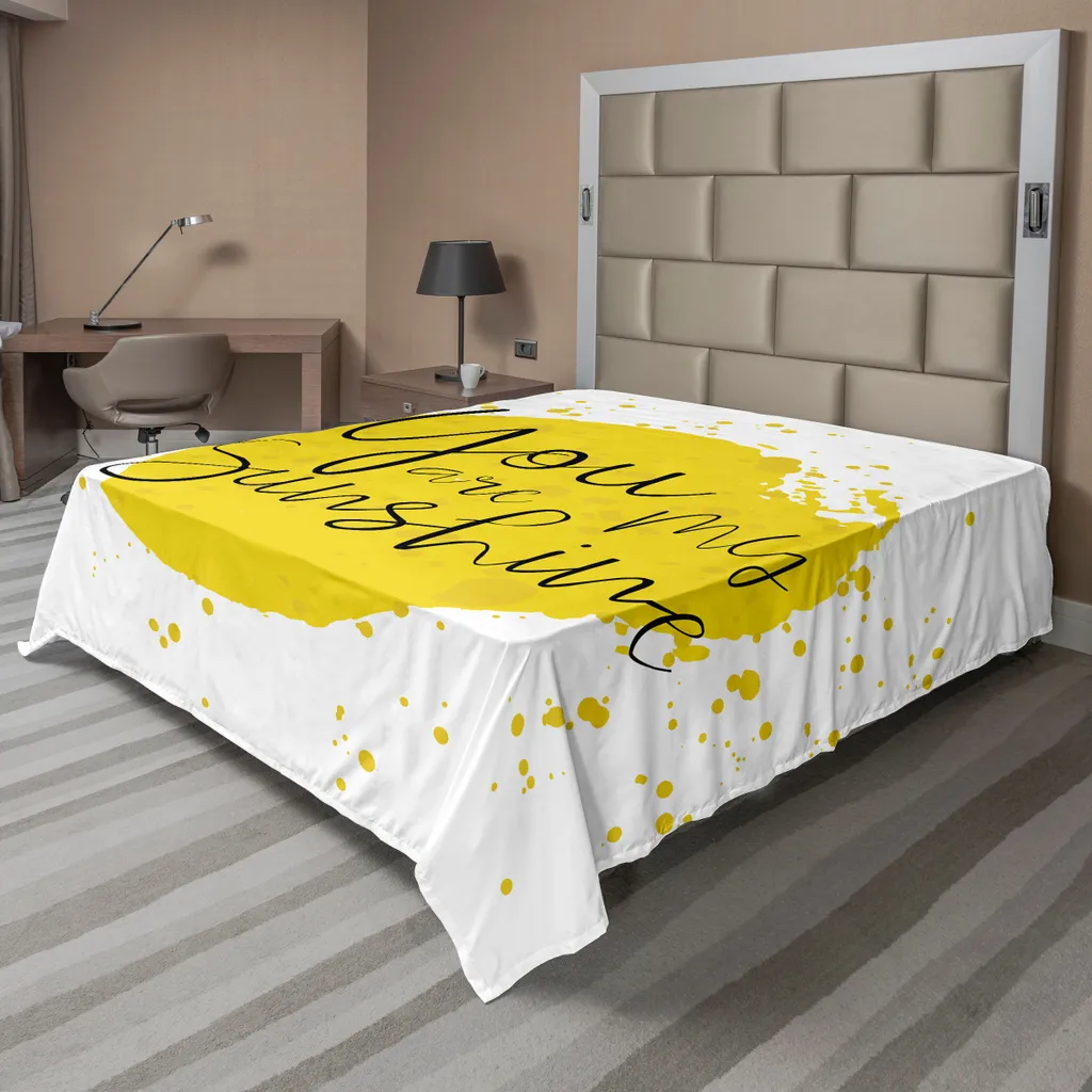 ABAKUHAUS Lenzuolo con proverbio, macchie di colore circolari, pennellate sparse con citazione ispiratrice sul tema di San Valentino, lenzuolo morbido e confortevole per un letto decorativo, 1 pezzo, 266 cm x 260 cm, giallo