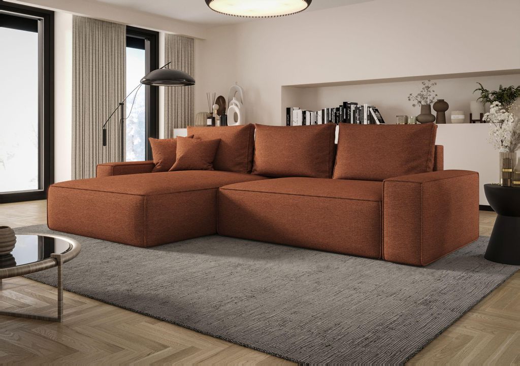 BEDANTE ECKSOFA MONA mit Schlaffunktion ARAGON 56 Orange Links L-Form Sofa mit Stauraum Bettkasten Wohnzimmersofa Couch Sofa Bettsofa Bettkasten Be...
