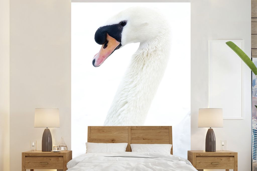 MuchoWow Fototapete für Wohnzimmer oder Schlafzimmer Wandtapete Vinyl Motivtapete Schwan auf weißem Hintergrund - 225x350 cm - Schlafzimmer tapete