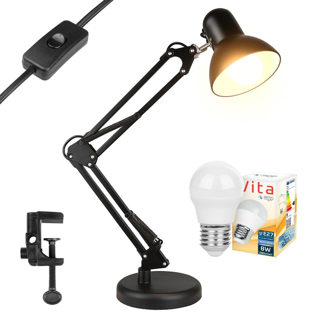 MasterLED Schreibtischlampe E27 8W 2700K Schwarz, Gelenkarm Produktbild 