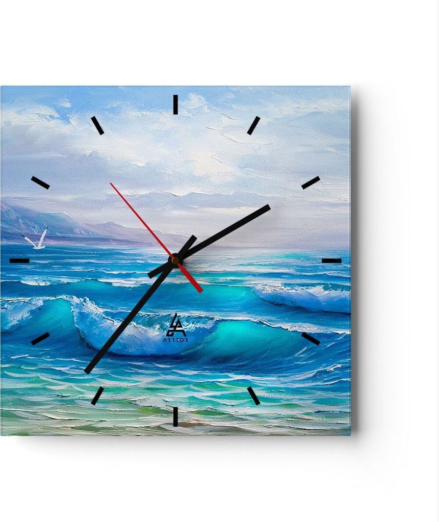 Wanduhr - Quadrat - Glasuhr - Meer Welle Möwe - 40x40cm - Schleichendes Uhrwerk - Lautlos - zum Aufhängen bereit - Dekoration Modern - Wanddekora...