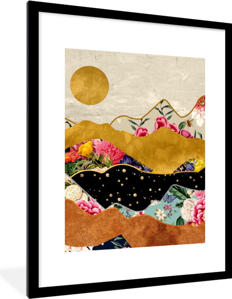 MuchoWow Gerahmtes Poster Gold - Blumen - Druck - Abstrakt - Landschaft - Muster 60x80 cm - Poster mit Schwarzem Bilderrahmen Wandposter Rahmen F...
