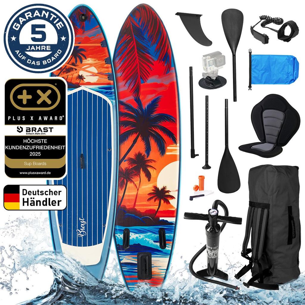 BRAST SUP Board Tropic | Aufblasbares Stand up Paddle Set | 320x81x15cm | 5 Designs | inkl. Sonderzubehör | 2in1 Paddel Kajak-Sitz Action-Cam-Halt...