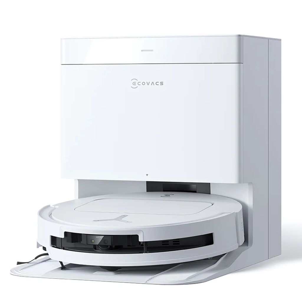 A white robot vacuum cleaner with its charging and emptying station.