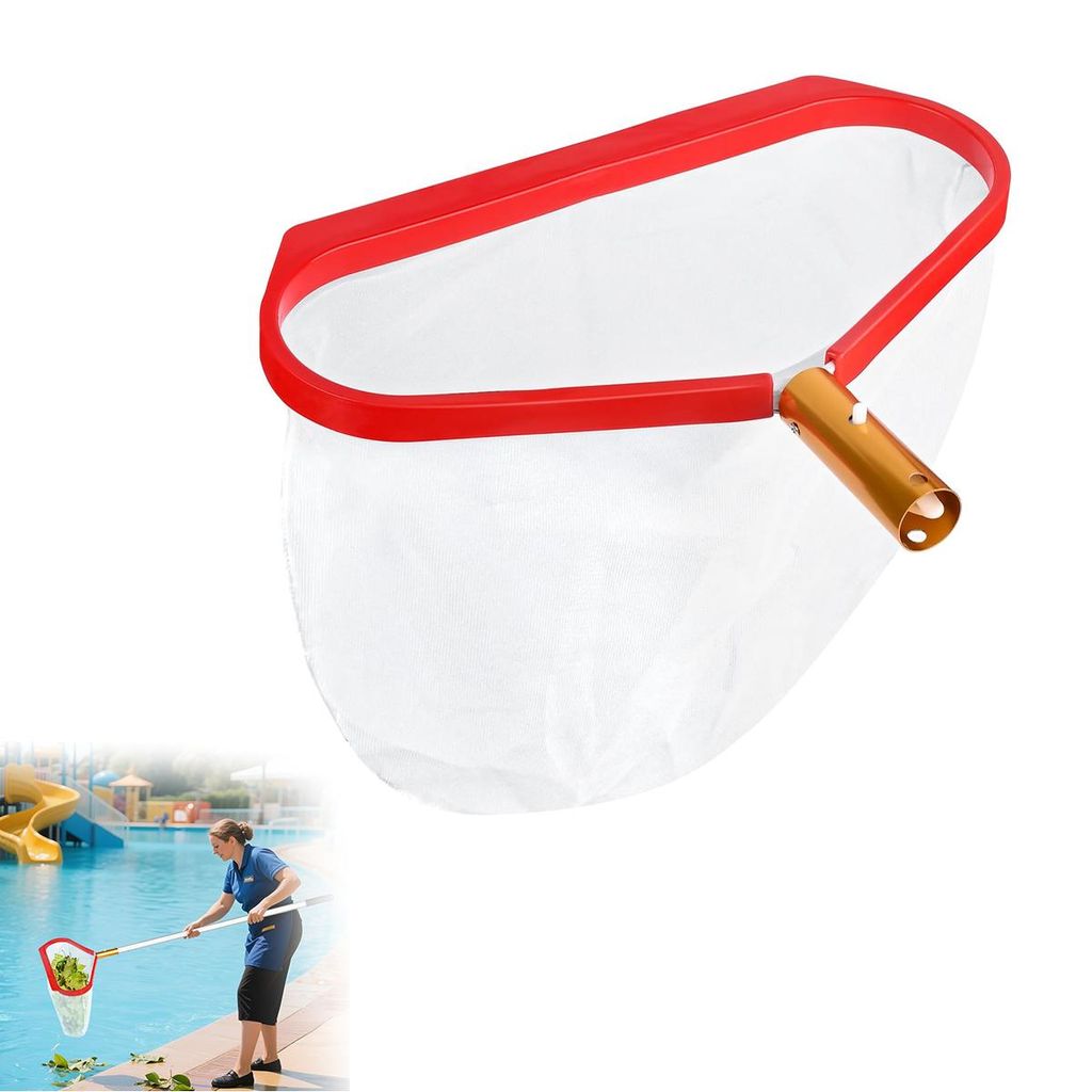A pool net is shown against a white background, with a smaller inset image of a person using a similar net in a swimming pool.