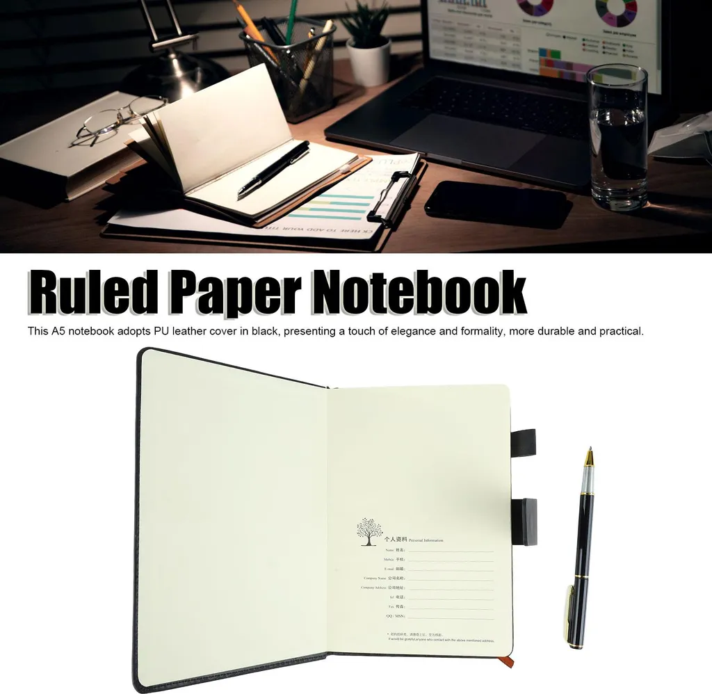 Cahier de notes A5 avec reliure robuste et couverture cuir lisse noir