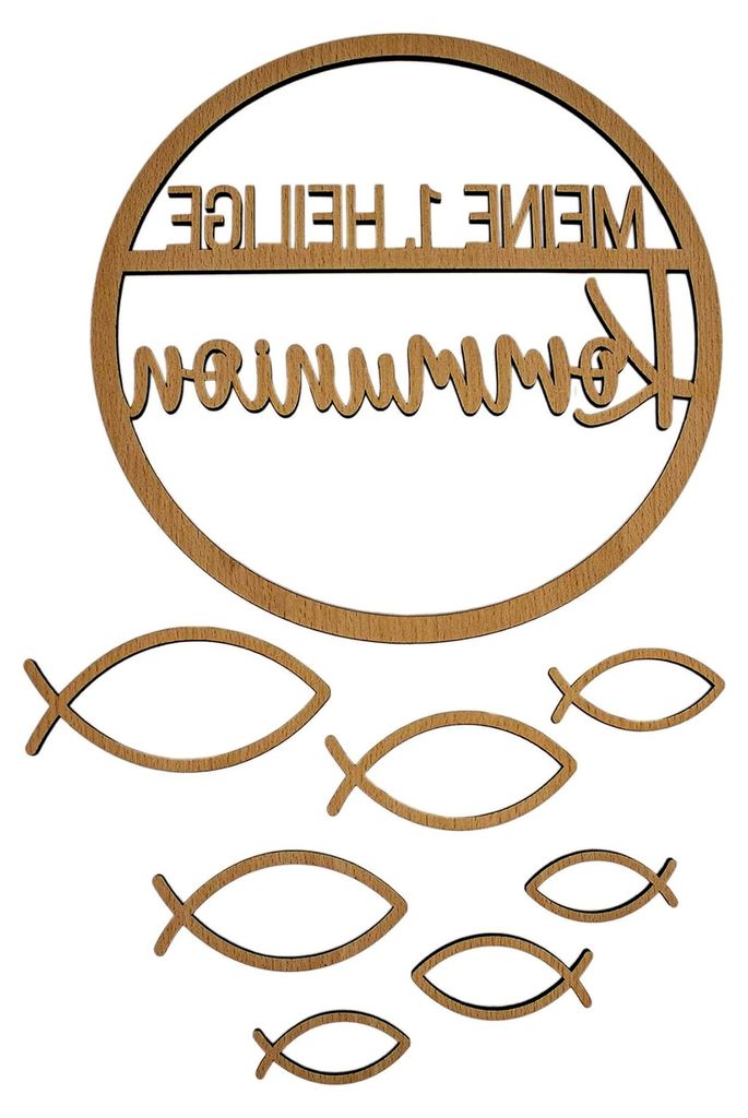 Holzloop zur 1. heiligen Kommunion mit sieben Fischsymbolen | Wanddekoration für die Kommunionsfeier im Wohn- oder Esszimmer