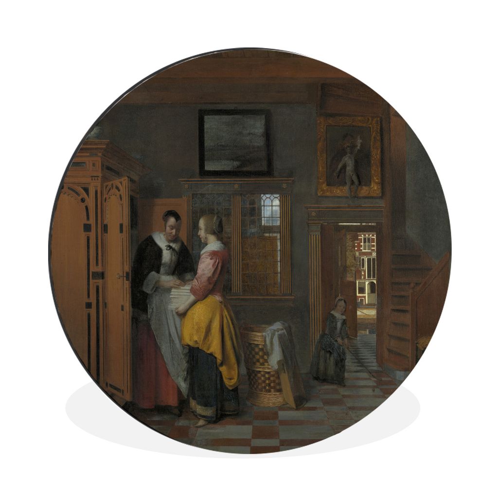 MuchoWow Aluminium Wandkreis Interieur mit Frauen bei einem Wäscheschrank - Gemälde von Pieter de Hooch Ø 30 cm Wanddeko Modern Wohnzimmer - W...