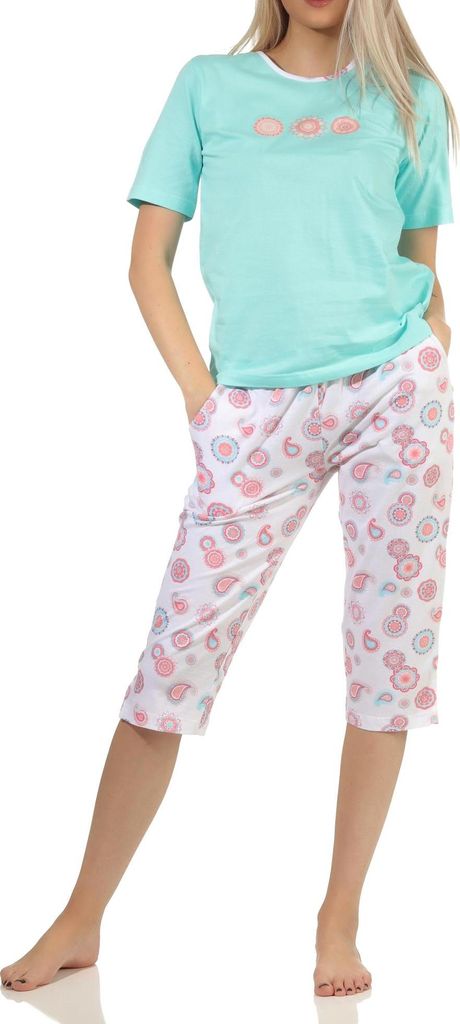 Toller Damen Capri kurzarm Pyjama Schlafanzug in tollem Design, Hose floraler Print ; helltürkis , 36