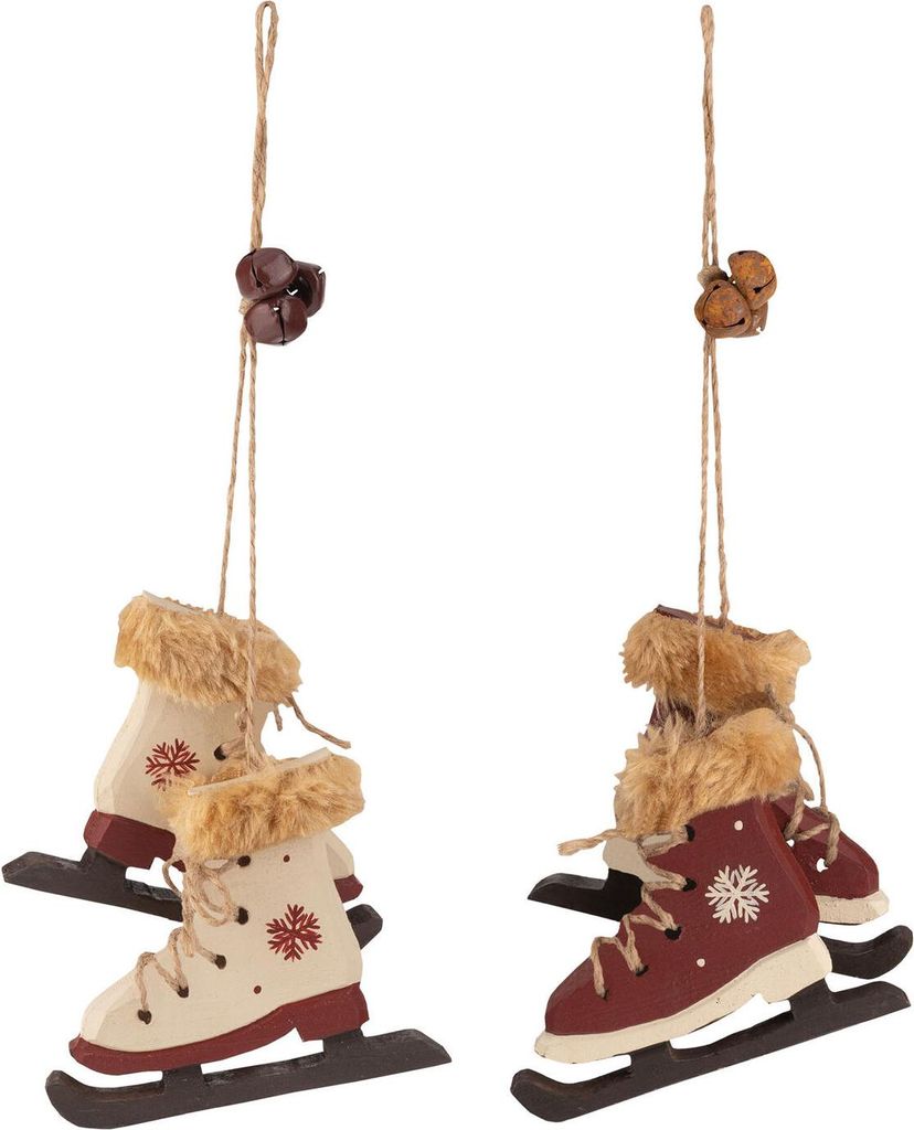 2x Christbaumdekor Christbaumschmuck "Schlittschuhe" Holz weinrot / weiß 9cm