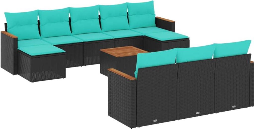 11-teiliges Gartensofa-Set mit Kissen, schwarzes Polyrattan
