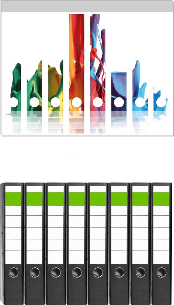 Wallario 8 Stück schmale Ordner inkl. Klebeetiketten mit Motive Farbklecks von links - Bunte Farben auf Abwegen - Set mit Rückenschildern / Ordn...