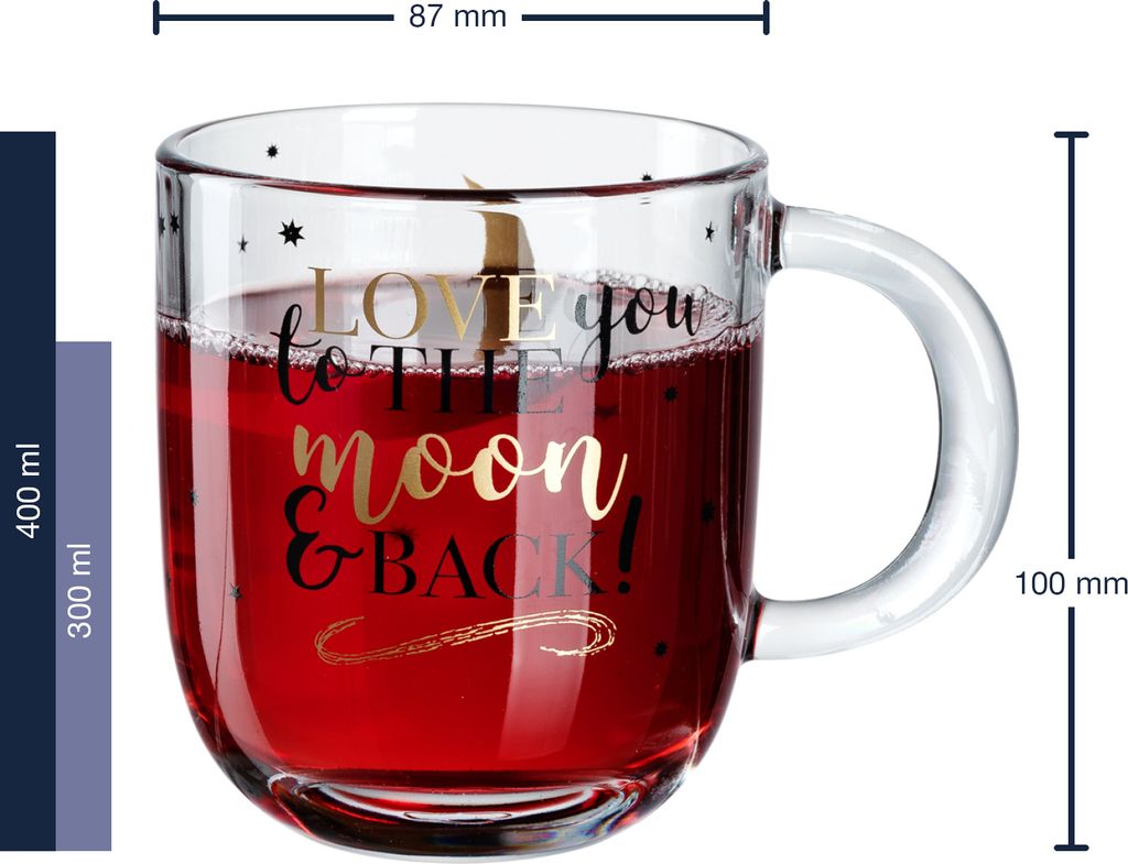 Leonardo Emozione Geschenk Tassen 4er Set, "Love you to the moon & back" Design, spülmaschinengeeignete Tee und Kaffee Becher mit Mond Motiv und S...