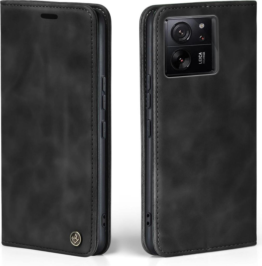 A black flip-style phone case for a Xiaomi 13T / 13T Pro, shown from the front and back.