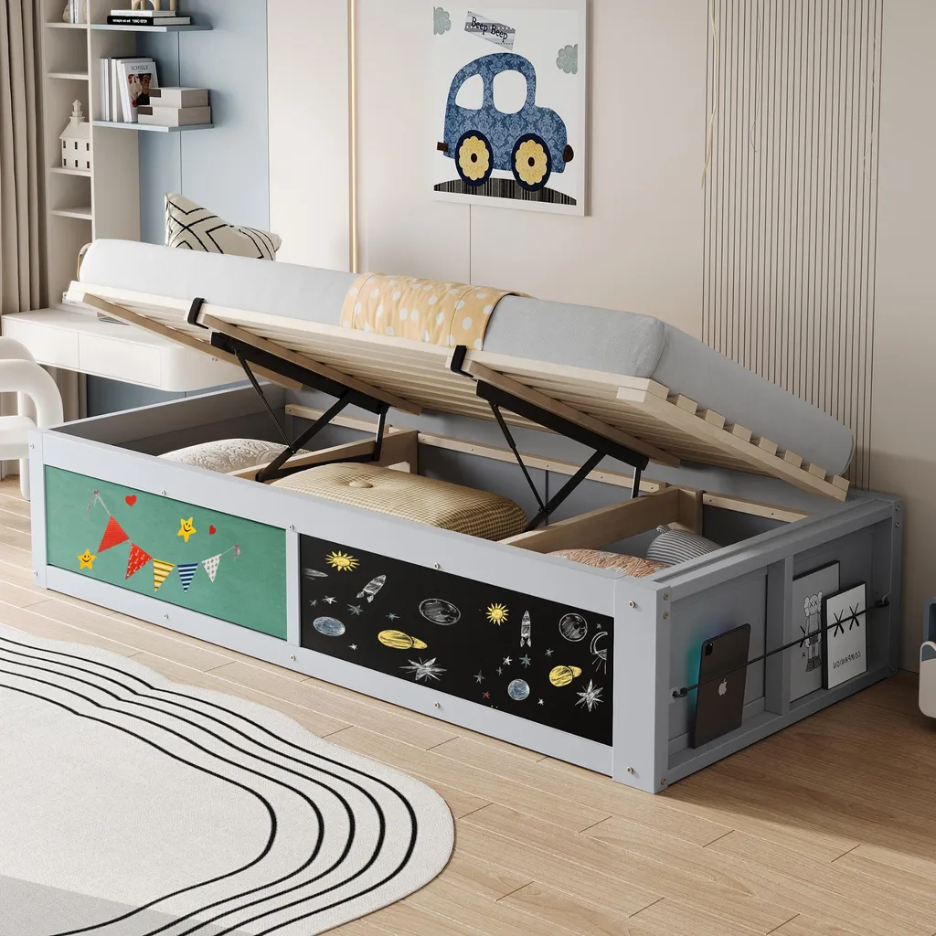 Lit Coffre 90x200 Gris en MDF - Lit avec Panneau Feutré et Tableau Noir