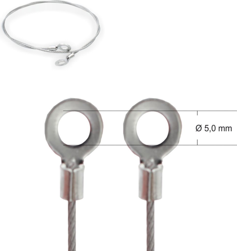 Drahtseil Ø 1,5 mm, 7x7, mit beidseitigem Ringkabelschuh Ø 5 mm Öse | Länge 170 mm