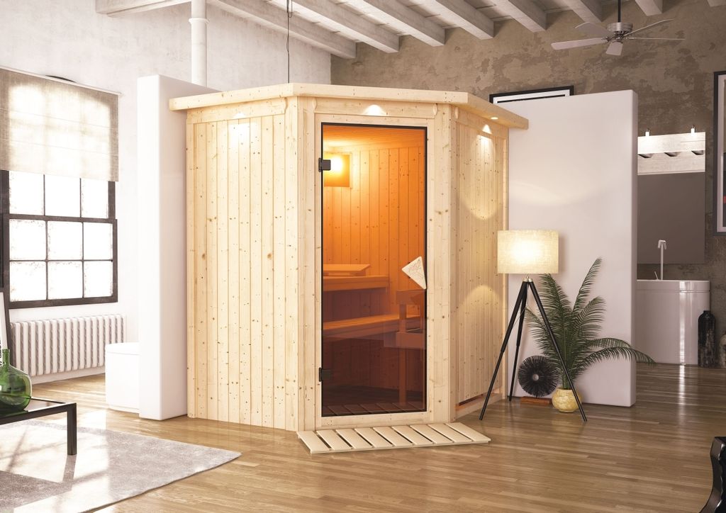 Sauna Taurin : Bronzierte Ganzglastür : mit Dachkranz : ohne Ofen Dachkranz: mit Dachkranz Saunaofen: ohne Ofen Saunatür: Bronzierte Ganzglastür