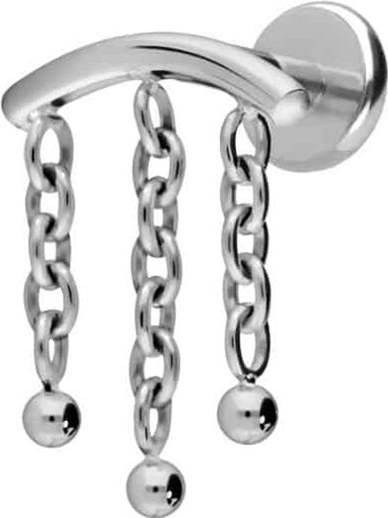 Ohrpiercing, Nasenpiercing Titan Labret mit Push Fit BOGEN + 3 KETTEN Silber Stablänge: 5mm | Stabstärke: 1mm