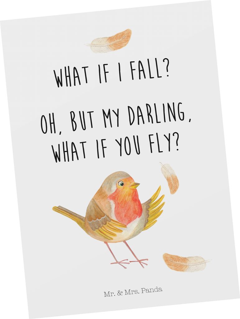Mr. & Mrs. Panda Postkarte Rotkehlchen Federn - Weiß - Geschenk, Motivation Sprüche, Spruch, Postkarten, Ansichtskarte, fliegen, Ansichtskarten, ...