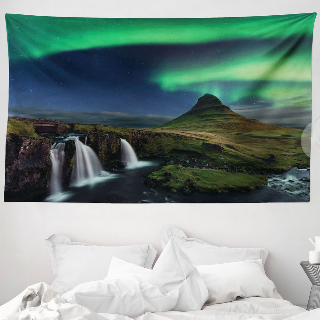 ABAKUHAUS Nordlicht Wandteppich, Wasserfall Nacht aus Weiches Mikrofaser Stoff Waschbar ohne Verblassen Digitaldruck, 230 x 140 cm, Mehrfarbig
