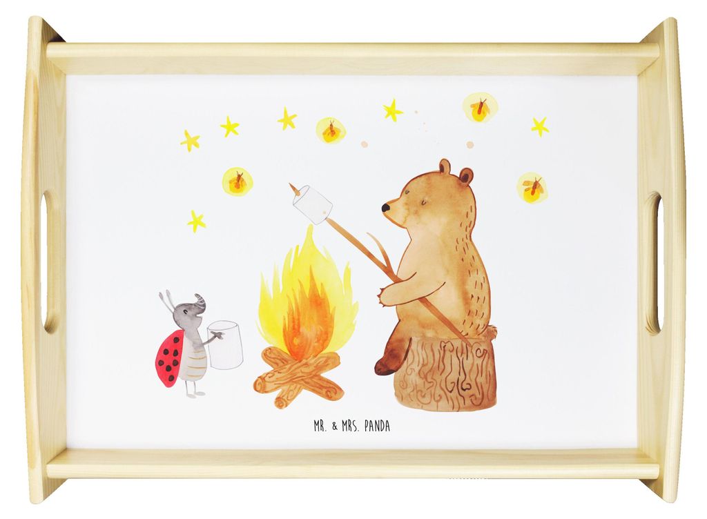 Mr. & Mrs. Panda Snack Tablett Bär & Marienkäfer Lagerfeuer - Weiß - Geschenk, Sofa, Deko, holz, für bett, Serviertablett, Teddy