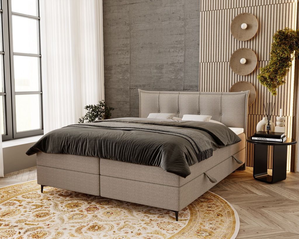 Boxspringbett mit Bonell-Matratze 180x200 Liron - Doppelbett, Bettkasten, Topper, Designer-Bett, Bouclé-Stoff (Hellgrau - Anthology 15)