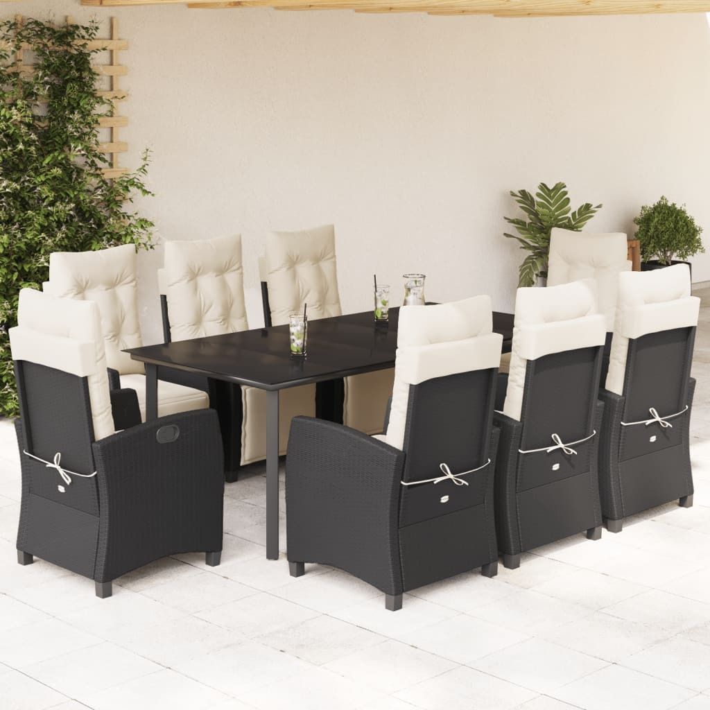 Design 9-tlg. Garten-Essgruppe mit Kissen Schwarz Poly Rattan, Gartenmöbel-Sets 2024 Neu