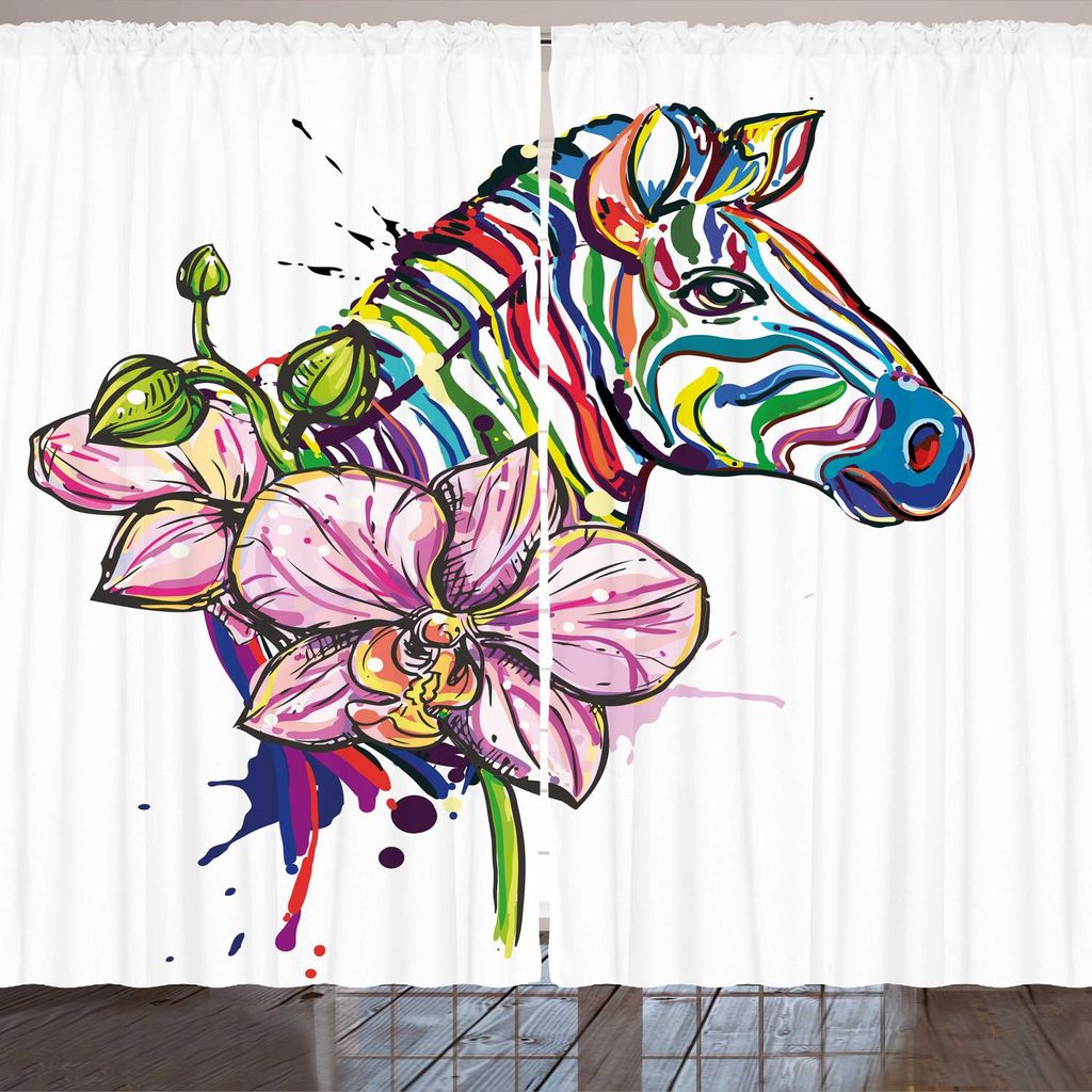 ARANDE Regenbogen Zebra Gardine, Moderne abstrakte Ink-Kunst-Farben mit buntem Tierkopf und Orchideen-Blumen, 280 x 175 cm, Mehrfarbig