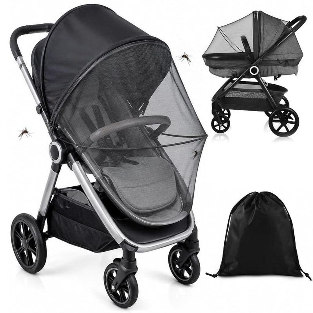2-in-1 Moskitonetz Kinderwagen mit UV-Schutz 50+, schwarz, atmungsaktiv, elastisch – universell für Buggy & Babywanne