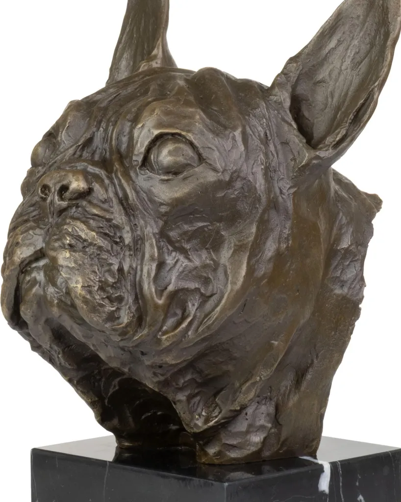Buste de Chien Bouledogue en Bronze Véritable et Marbre, Objet de Déco - 6