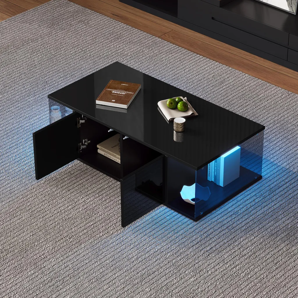 Table Basse LED Anti-Désordre - Rangement 2 Placards et Verre Trempé