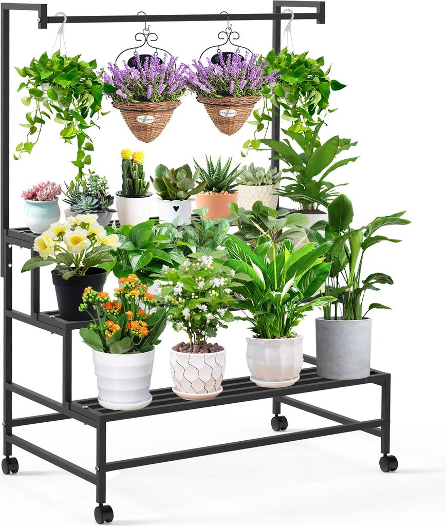 Blumenregal Pflanzenregal mit Rad L80xB62xH144cm Hängender Blumenständer Metall Schwarz 3 Etagen Blumentreppe Pflanzenständer Pflanzen Regal