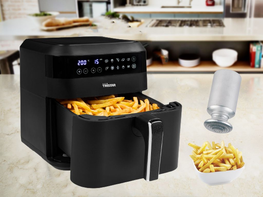 6 Ltr. XXL Heißluftfritteuse ohne Fett & Öl, 9 Portionen Pommes, & Salzstreuer