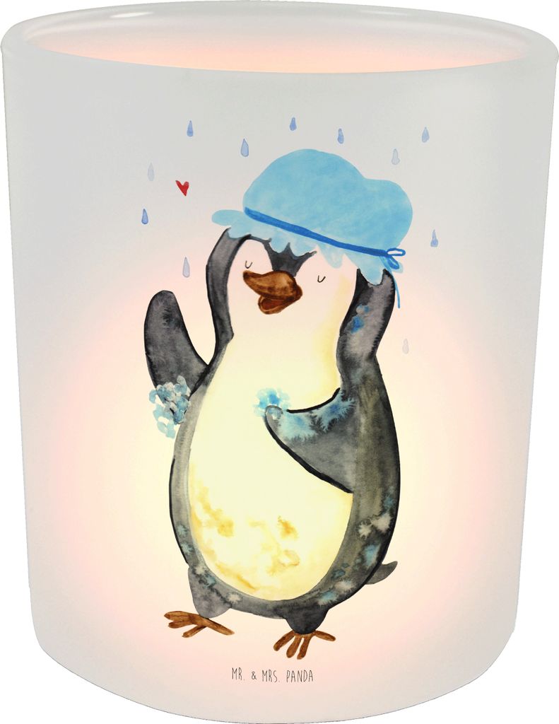 Mr. & Mrs. Panda Kerzenhalter Pinguin Duschen - Transparent - Geschenk, Kerzenglas, Lichtglas, Teelichthalter Glas, Baden, Singen, Neuanfang, Leben...