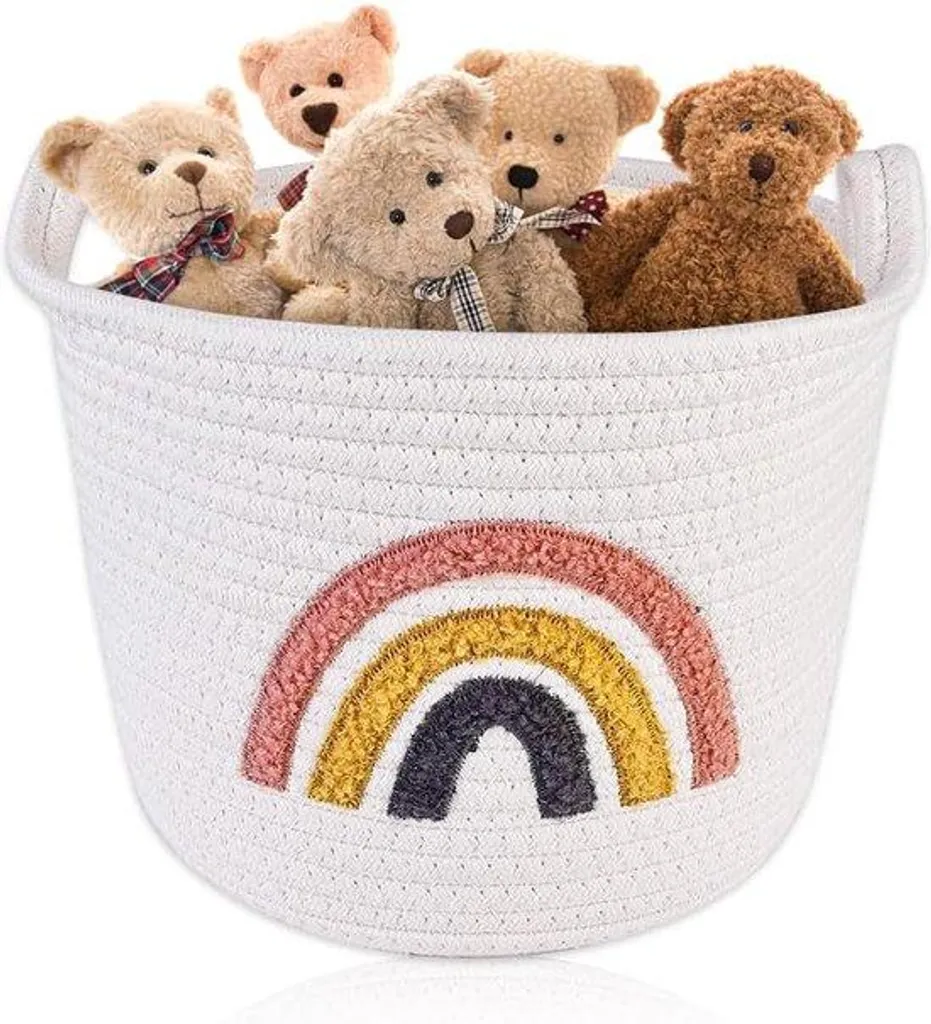 Panier jouets arc-en-ciel en coton doux avec poignées, rangement déco