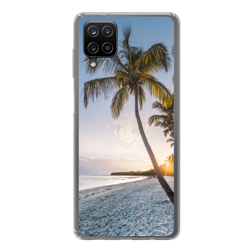 MuchoWow Handyhülle Schutzhülle Hülle für Samsung Galaxy A12 Strand - Sonnenuntergang - Palme Silikon Softcase Handy Hülle - Bild