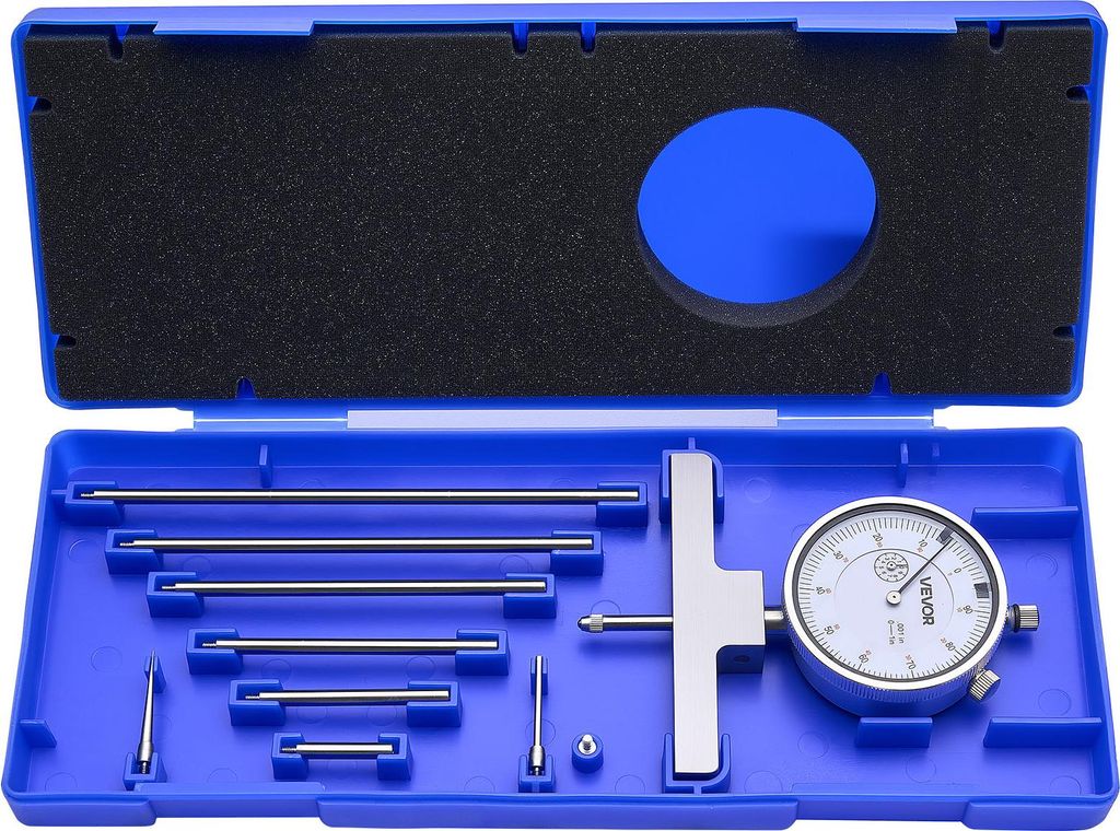 VEVOR Tiefenmesser, Messschieber Messbereich 0–22 Zoll, Auflösung 0,001 Zoll, mit 4 Ambossen & 6 Standardstangen, Gut Ablesbares Mechanisches Me...