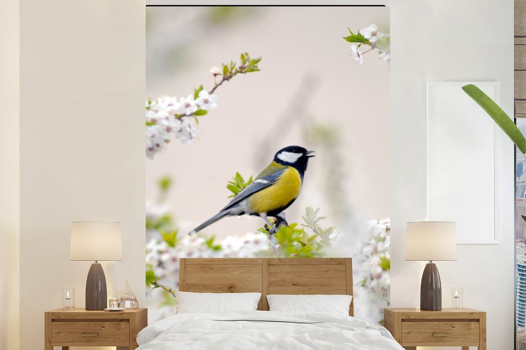 MuchoWow Fototapete für Wohnzimmer oder Schlafzimmer Wandtapete Vinyl Motivtapete Vogel - Kohlmeise - Blumen - Blütenbaum - 195x300 cm - Das Hi...