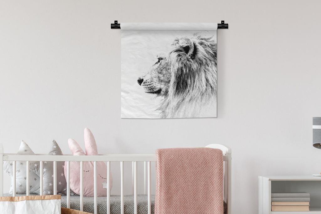 MuchoWow Wandteppich Wandbehang Löwe - Schwarz - Weiß - Tiere 60x60 cm Tapisserie Dekoration Wandtuch - Dekorationen - Wand Decke