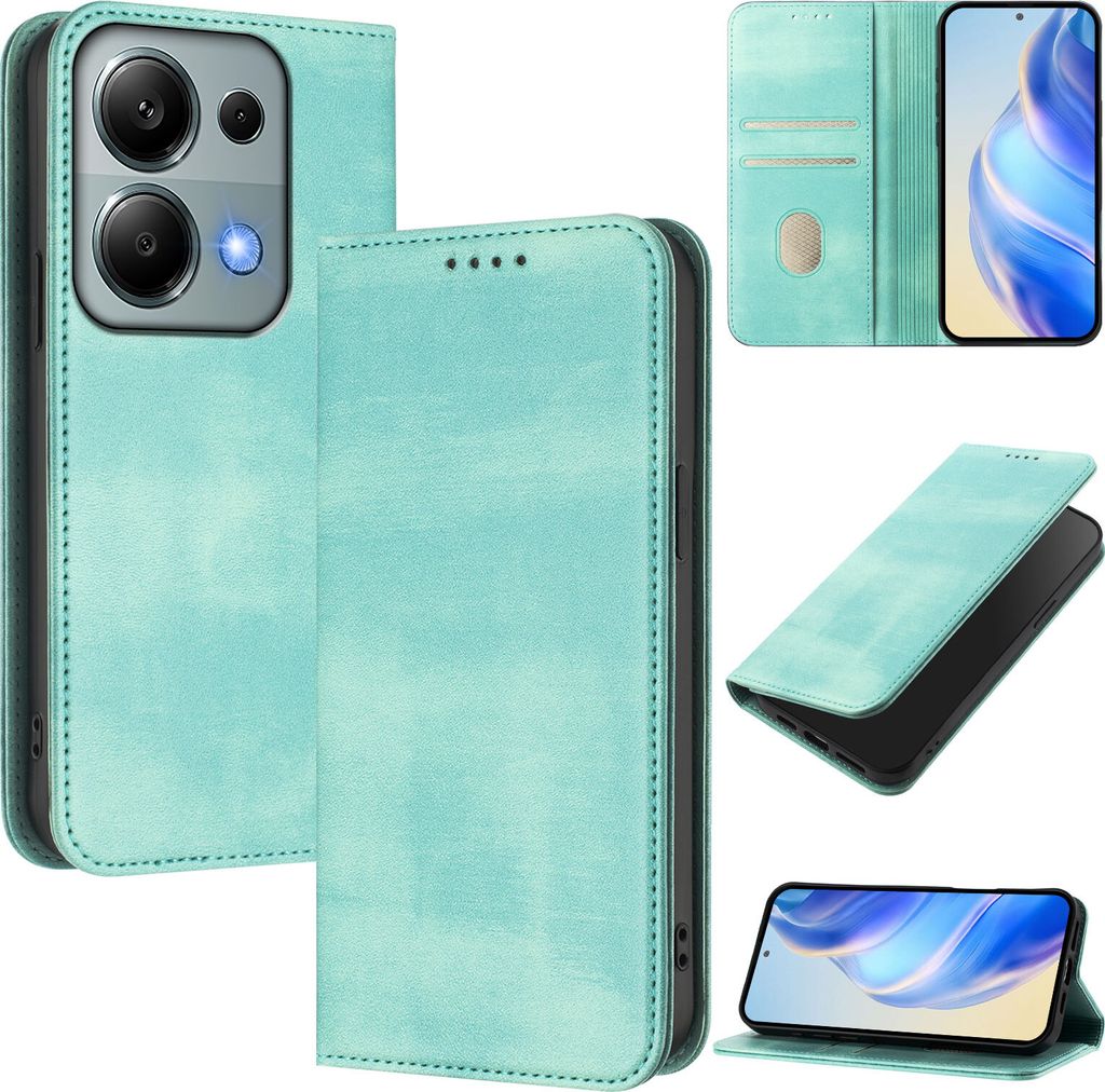 Handyhülle für Xiaomi Poco M6 Pro 4G/Redmi Note 13 Pro 4G, Vintage Leder RFID Schutz Kartenfach Standfunktion Magnetische Klapphülle Türkis