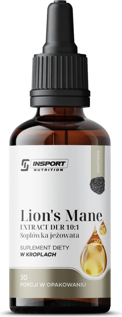 A product shot of a bottle of Lion's Mane extract with a dropper.