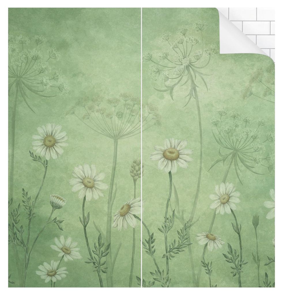 Duschrückwand Blumen selbstklebend - 0.61 mm Wandpaneel wasserfest Blumenwiese grün Aquarell Badrückwand fugenlos Premium matt 110x190 cm