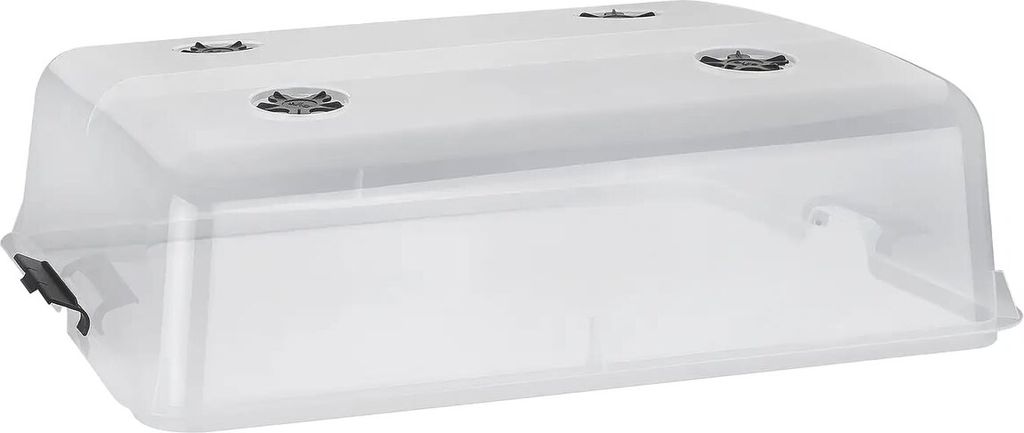 A clear, studio shot of a transparent plastic greenhouse lid with black ventilation caps on top.