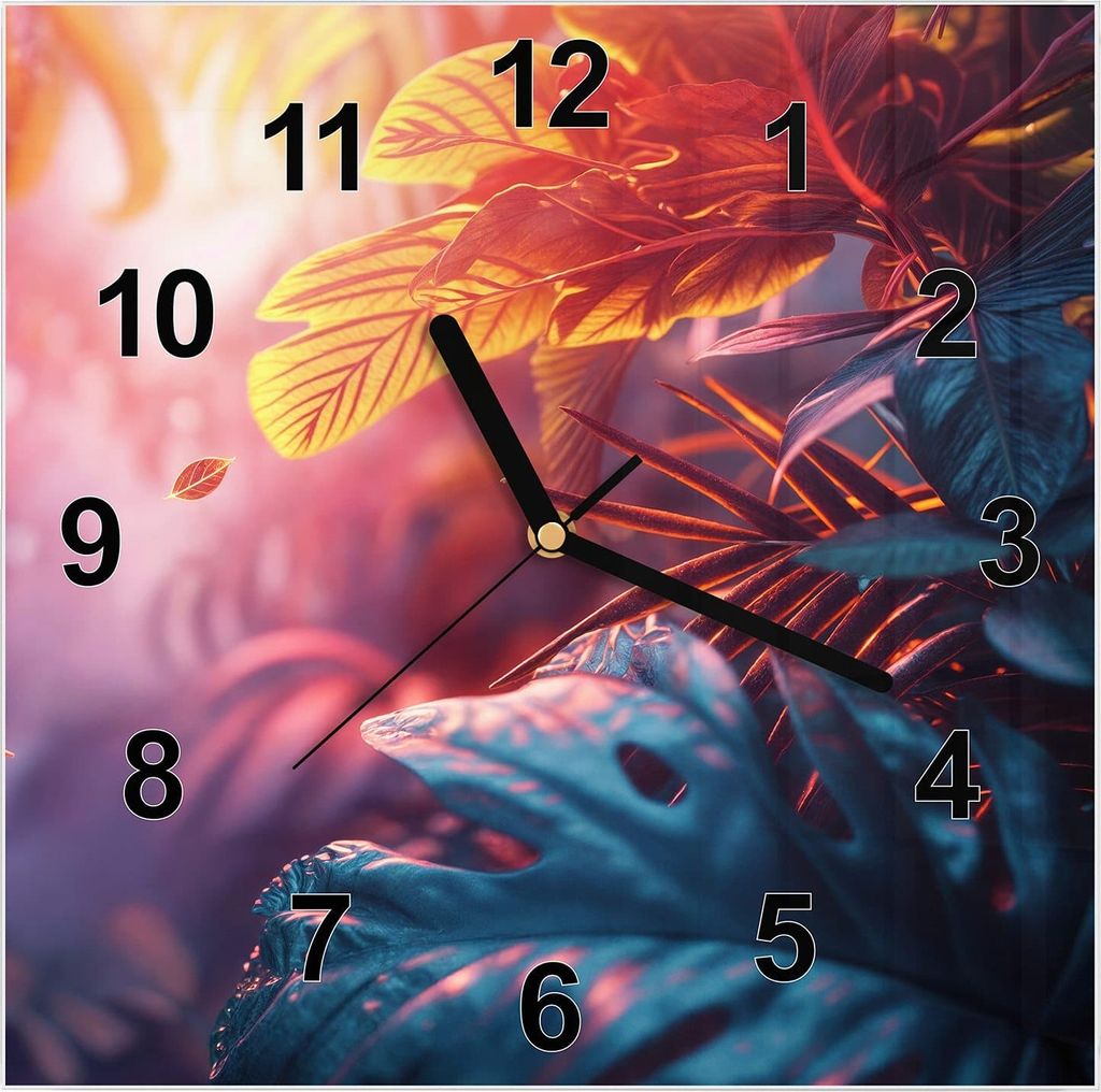 Wanduhr aus Glas mit Motiv Lichtdurchfluteter Dschungel- 30 x 30 cm - inkl. Aufhängesystem