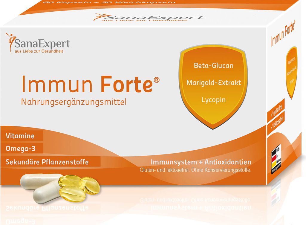 SanaExpert Immun Forte, Kapseln, Vitamine und Mineralstoffe für das Immunsystem, Omega-3-Fettsäuren, Beta-Glukan, Marigold, Lycopin, Lutein, Mona...