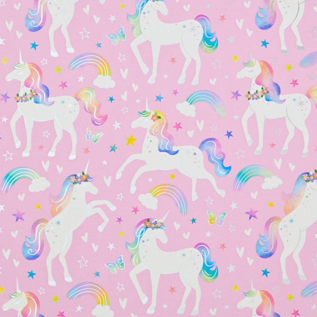 Geschenkpapier Einhorn 70cm x 2m Rolle mit Regenbogen & Sternen Rosa